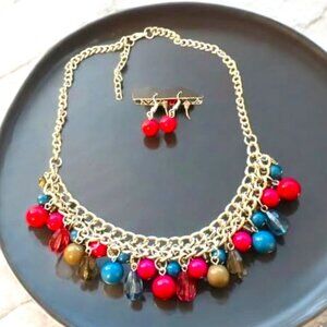 Silver Chain Necklace with Colorful Beaded Collar & Pink Earrings
